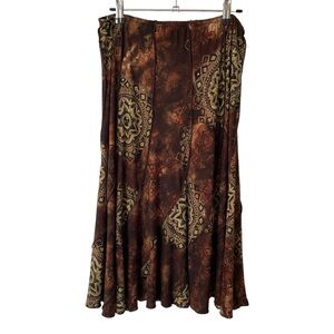 Frank Lyman Lightweight Midi Skirt Sz 12 Brown Gold Sparkle Boho Artsy VGUC